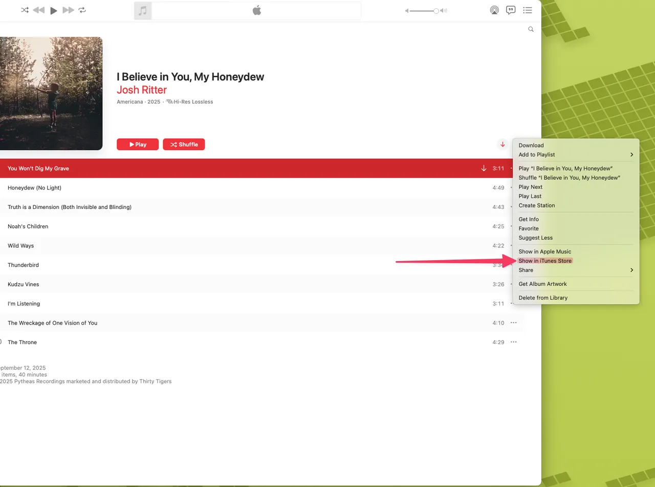 Apple's Music app - context menu on Music album view